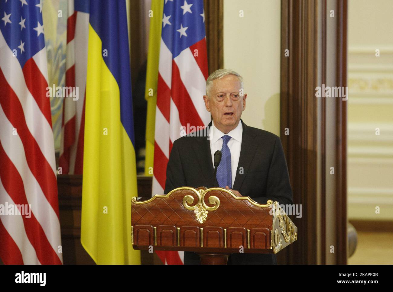 US Secretary of Defense Jim Mattis speaks at a press-conference, during a meeting with Ukrainian President in Kiev, Ukraine, 24 August 24, 2017. (Photo by STR/NurPhoto) Stock Photo