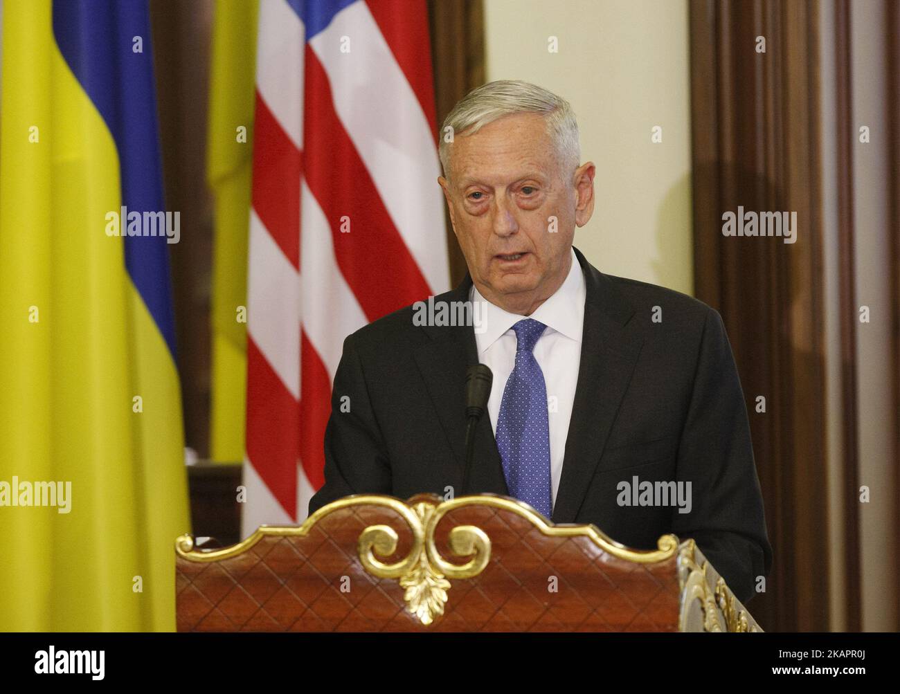 US Secretary of Defense Jim Mattis speaks at a press-conference, during a meeting with Ukrainian President in Kiev, Ukraine, 24 August 24, 2017. (Photo by STR/NurPhoto) Stock Photo