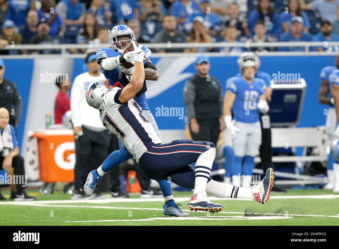 Detroit Lions tight end Levine Toilolo #87 looks on from the sidelines  during the second half of an NFL football game against the New England  Patriots in Detroit, Michigan USA, on Sunday