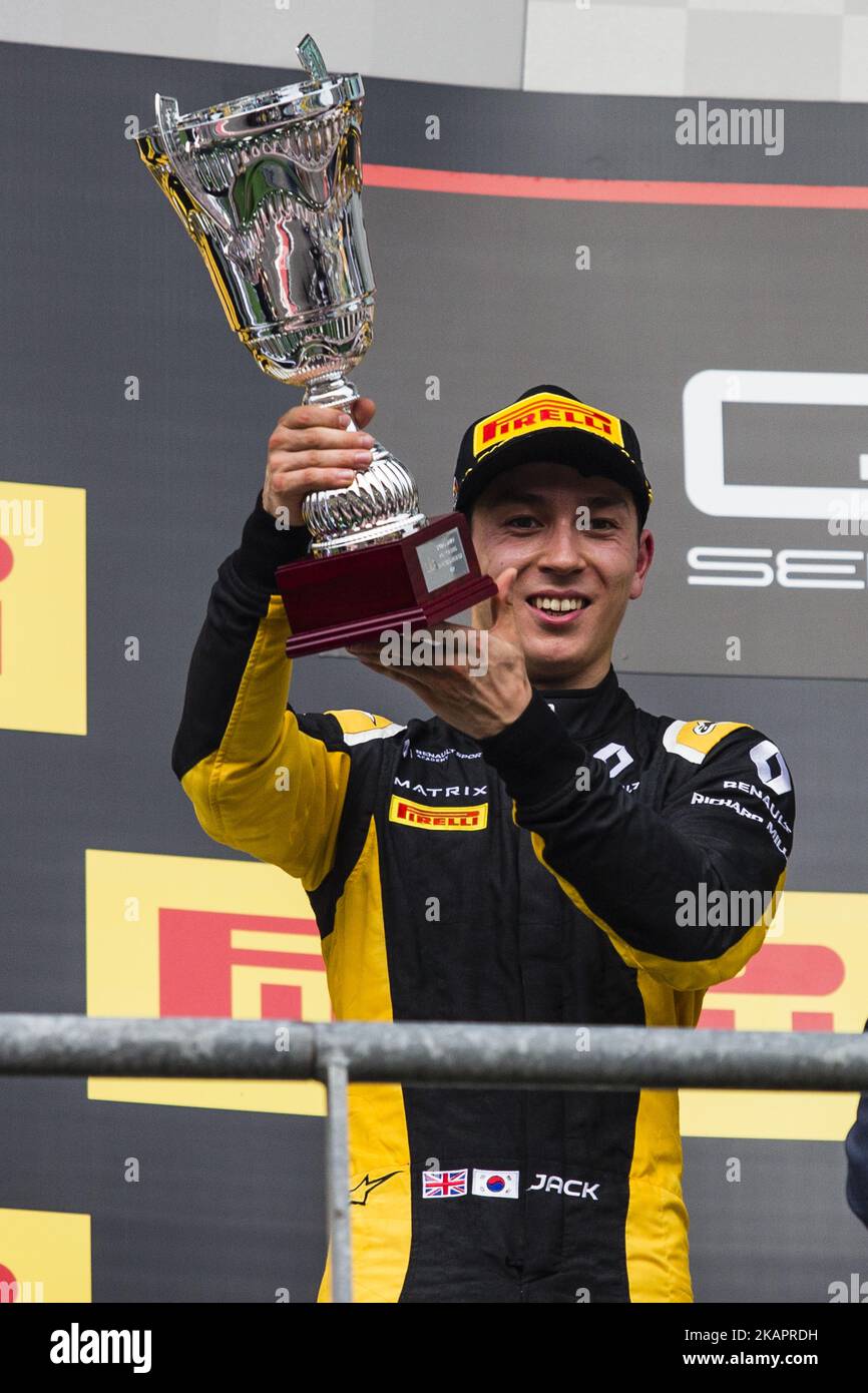 AITKEN Jack from Great Britain of Art Grand Prix Renault young drivers program celebrating his second position during the GP3 Race 1 at Circuit de Spa-Francorchamps on August 26, 2017 in Spa, Belgium. (Photo by Xavier Bonilla/NurPhoto) Stock Photo