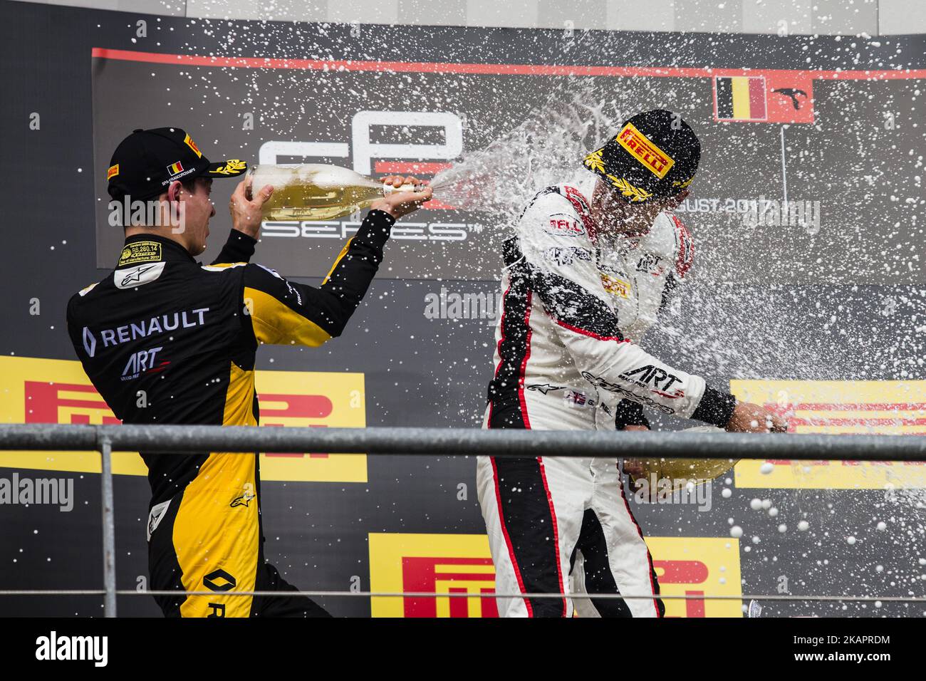 AITKEN Jack from Great Britain of Art Grand Prix Renault young drivers program and RUSSELL George from Great Britain of Art Grand Prix Mercedes young drivers program during the GP3 podium of Race 1 at Circuit de Spa-Francorchamps on August 26, 2017 in Spa, Belgium. (Photo by Xavier Bonilla/NurPhoto) Stock Photo