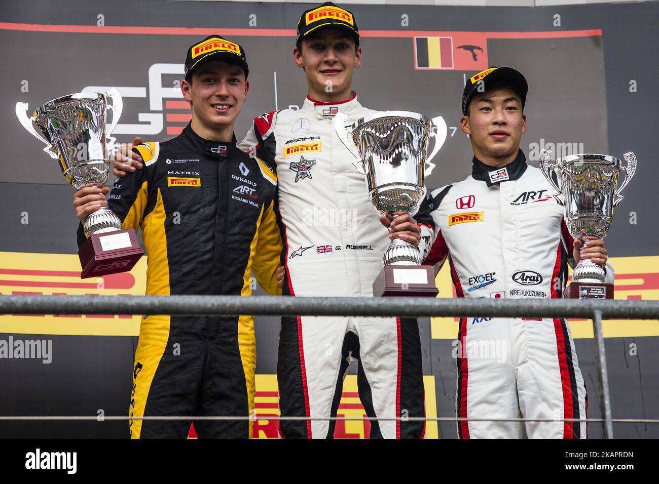AITKEN Jack from Great Britain of Art Grand Prix Renault young drivers program and RUSSELL George from Great Britain of Art Grand Prix Mercedes young drivers program and FUKUZUMI Nirei from Japan of Art Grand Prix during the GP3 Race 1 podium at Circuit de Spa-Francorchamps on August 26, 2017 in Spa, Belgium. (Photo by Xavier Bonilla/NurPhoto) Stock Photo