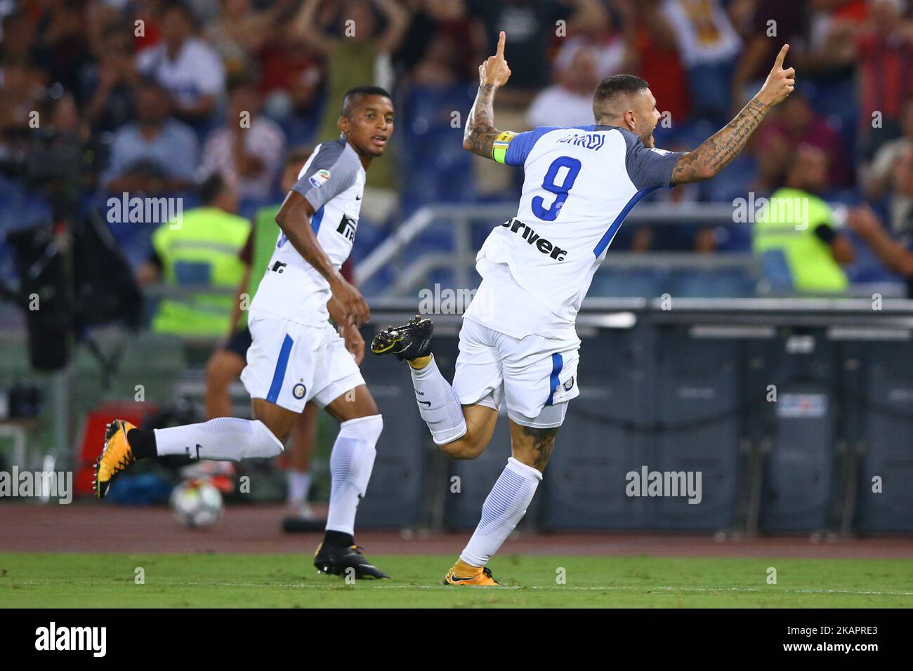 Mauro Icardi of Internazionale and Dalbert of Internazionale celebration after the goal of scoring the goal of 1-2 scored during the Serie A match between AS Roma and FC Internazionale at Olimpico Stadium in Rome, Italy, on August 26, 2017. (Photo by Matteo Ciambelli/NurPhoto)  Stock Photo