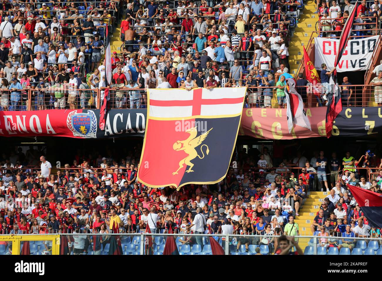 The fans of Genoa before the Serie A football match between Genoa CFC and Juventus FC at Luigi Ferraris stadium on august 26, 2017 in Genoa, Italy. (Photo by Massimiliano Ferraro/NurPhoto) Stock Photo