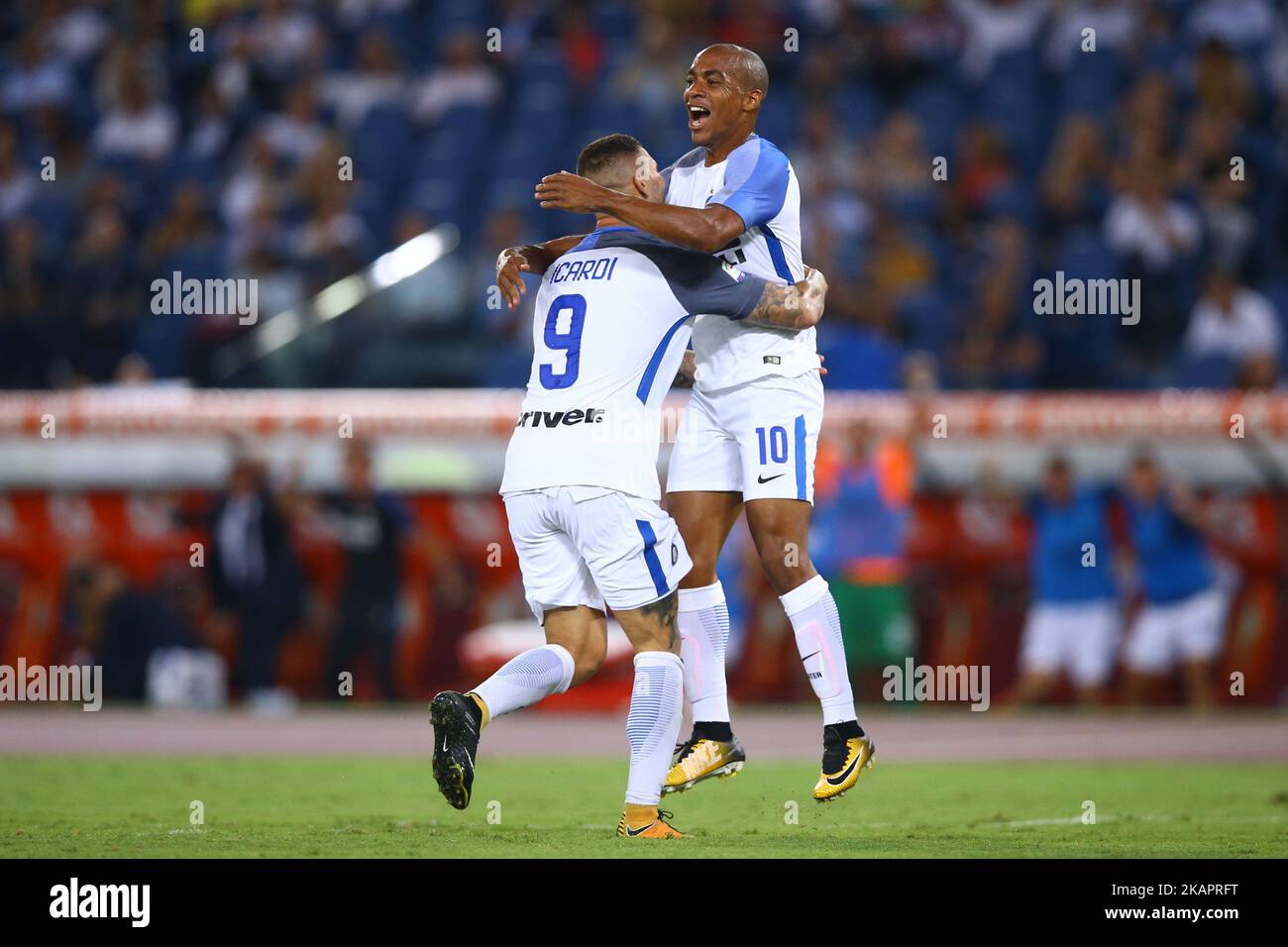 Mauro Icardi of Internazionale and Joao Mario of Internazionale celebration after the goal of scoring the goal of 1-2 scored during the Serie A match between AS Roma and FC Internazionale at Olimpico Stadium in Rome, Italy, on August 26, 2017. (Photo by Matteo Ciambelli/NurPhoto)  Stock Photo