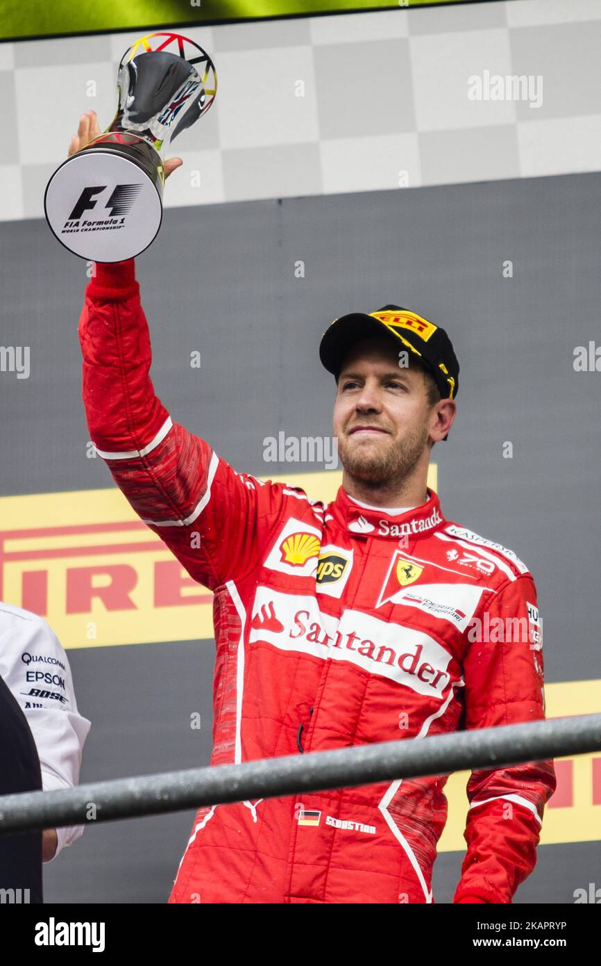 05 VETTEL Sebastian from Germany of scuderia Ferrari celebrating his second place during the Formula One Belgian Grand Prix at Circuit de Spa-Francorchamps on August 27, 2017 in Spa, Belgium. (Photo by Xavier Bonilla/NurPhoto) Stock Photo
