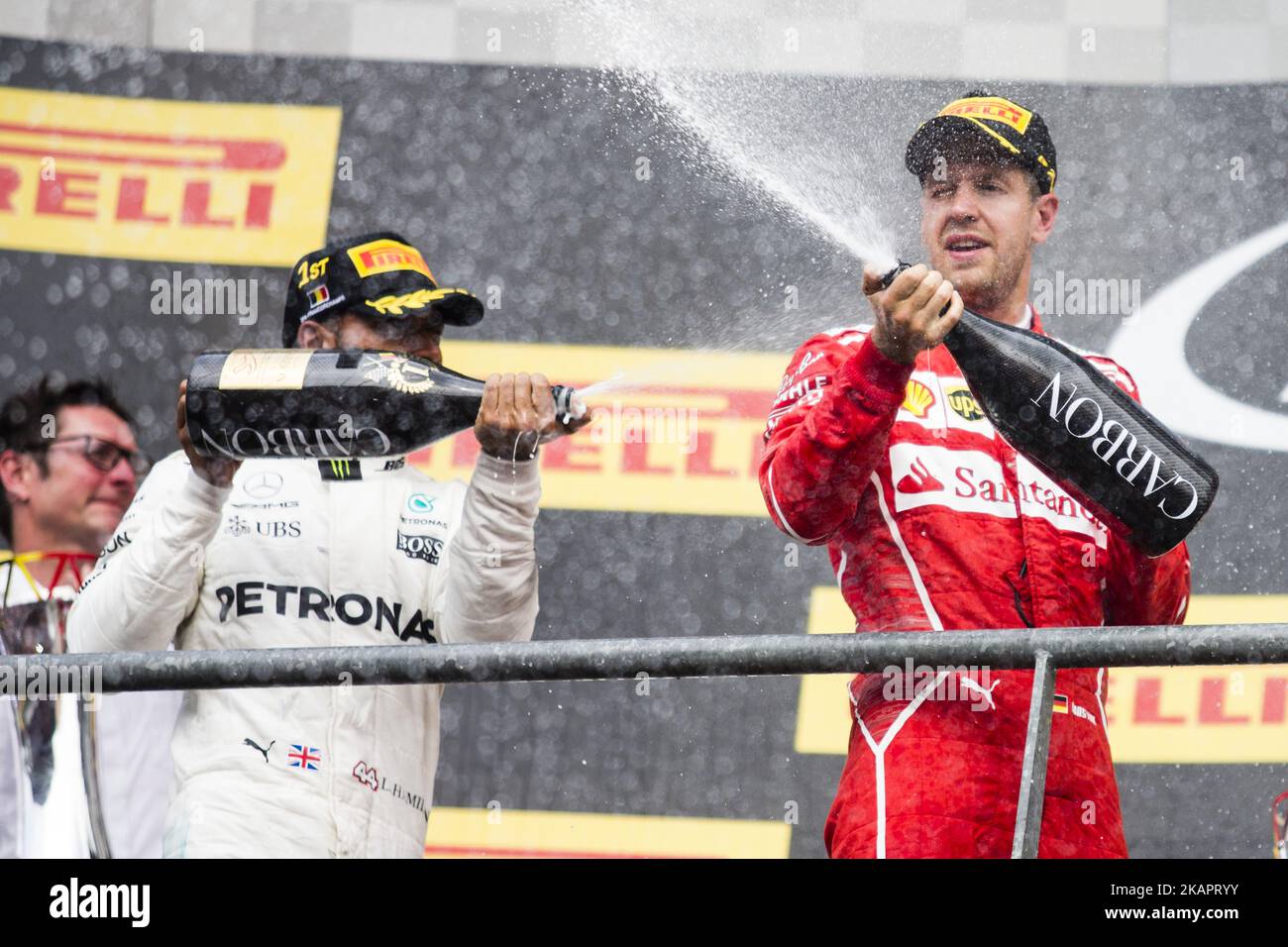 44 HAMILTON Lewis from Great Britain of team Mercedes GP and 05 VETTEL Sebastian from Germany of scuderia Ferrari on the podium during the Formula One Belgian Grand Prix at Circuit de Spa-Francorchamps on August 27, 2017 in Spa, Belgium. (Photo by Xavier Bonilla/NurPhoto) Stock Photo