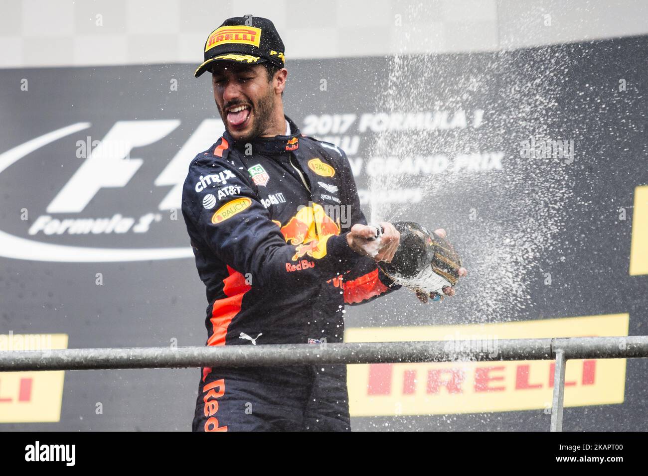 03 RICCIARDO Daniel from Australia of Red Bull Tag Heuer celebrating his third place during the Formula One Belgian Grand Prix at Circuit de Spa-Francorchamps on August 27, 2017 in Spa, Belgium. (Photo by Xavier Bonilla/NurPhoto) Stock Photo