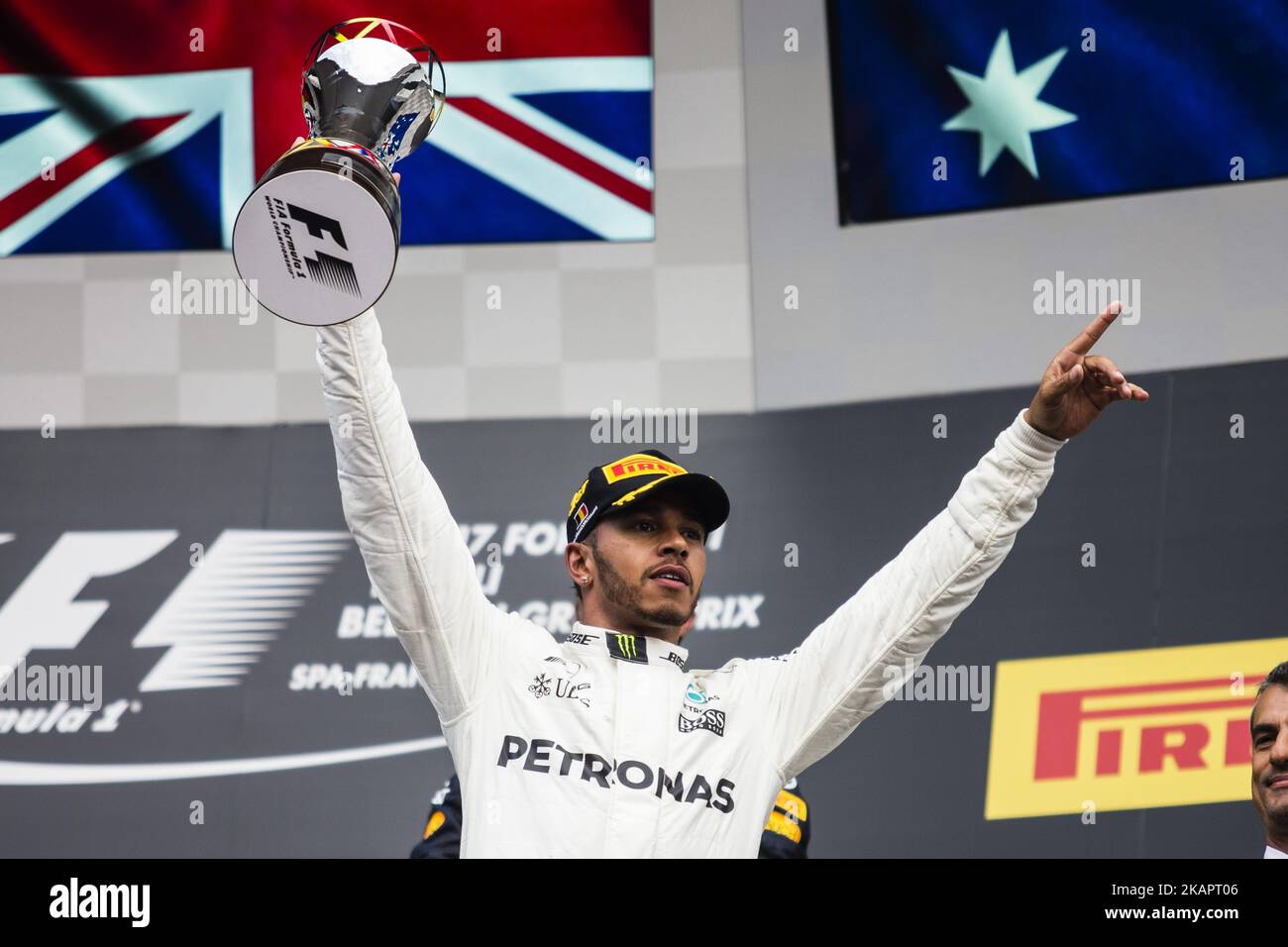 44 HAMILTON Lewis from Great Britain of team Mercedes GP celebrating his victory during the Formula One Belgian Grand Prix at Circuit de Spa-Francorchamps on August 27, 2017 in Spa, Belgium. (Photo by Xavier Bonilla/NurPhoto) Stock Photo