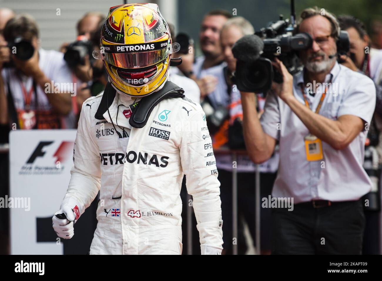 44 HAMILTON Lewis from Great Britain of team Mercedes GP celebrating his victory during the Formula One Belgian Grand Prix at Circuit de Spa-Francorchamps on August 27, 2017 in Spa, Belgium. (Photo by Xavier Bonilla/NurPhoto) Stock Photo