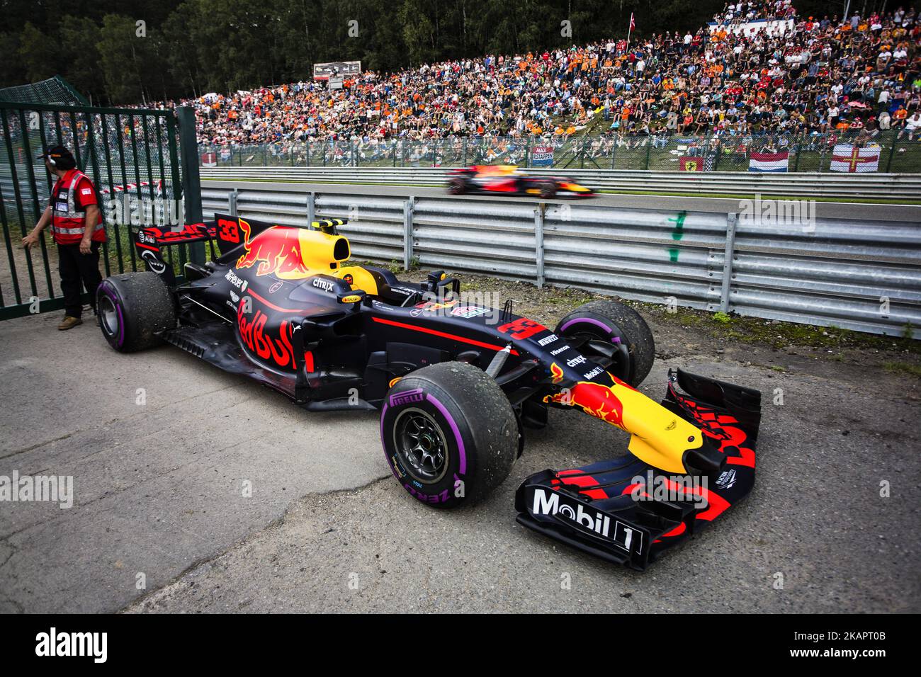 33 VERSTAPPEN Max from Nederlans of Red Bull Tag Heuer out while 03 RICCIARDO Daniel from Australia of Red Bull Tag Heuer passes trought the straight during the Formula One Belgian Grand Prix at Circuit de Spa-Francorchamps on August 27, 2017 in Spa, Belgium. (Photo by Xavier Bonilla/NurPhoto) Stock Photo