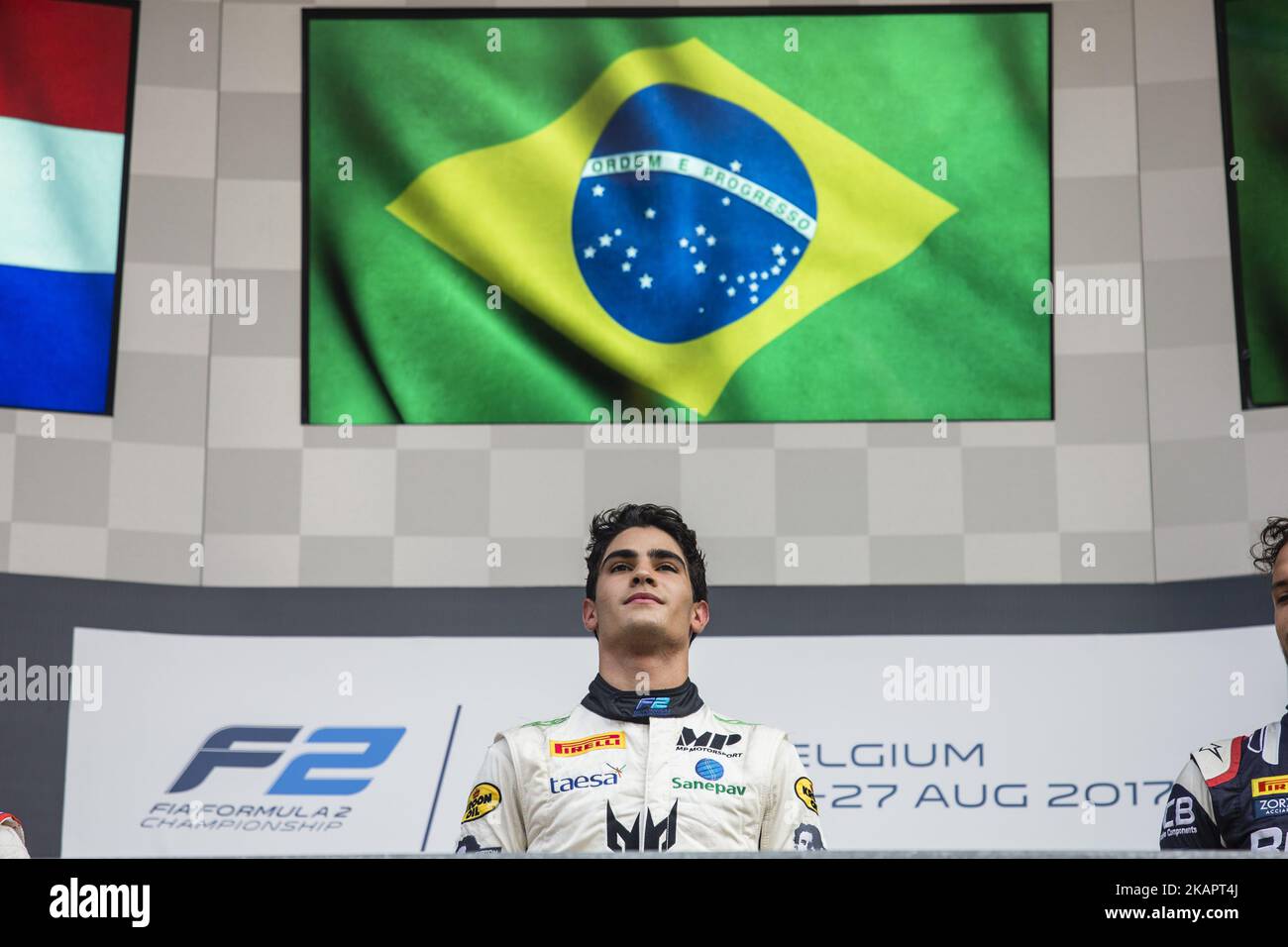 14 SETTE CAMARA Sergio from Brasil of MP Motorsport celebrating his first victory in F2 during the FIA Formula 2 championship at Circuit de Spa-Francorchamps on August 27, 2017 in Spa, Belgium. (Photo by Xavier Bonilla/NurPhoto) Stock Photo