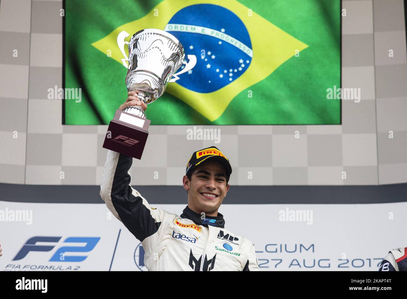 14 SETTE CAMARA Sergio from Brasil of MP Motorsport celebrating his first victory in F2 during the FIA Formula 2 championship at Circuit de Spa-Francorchamps on August 27, 2017 in Spa, Belgium. (Photo by Xavier Bonilla/NurPhoto) Stock Photo