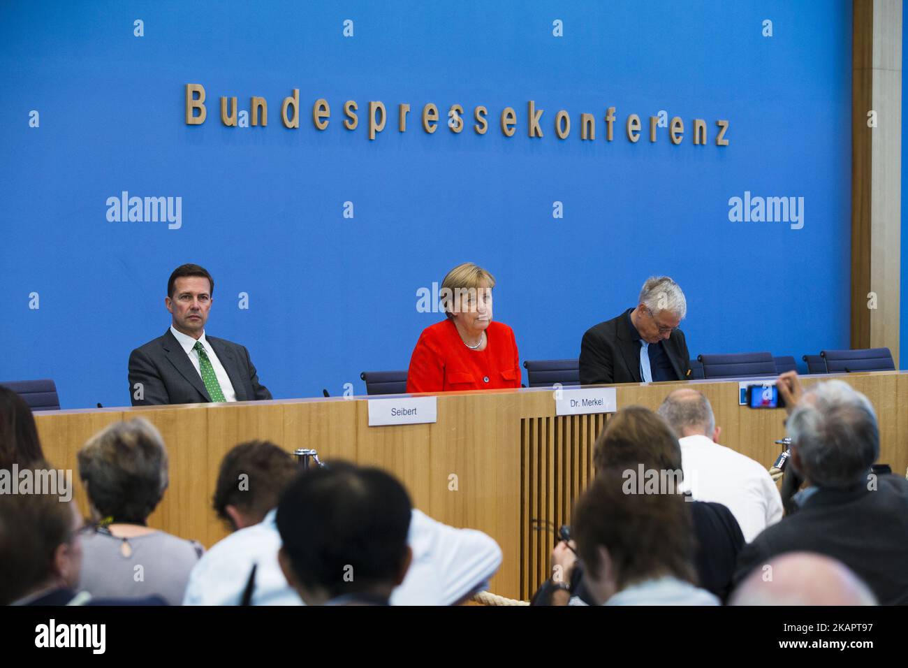 German Chancellor Angela Merkel (C) adresses the media during the annual summer press conference at the Bundespressekonferenz in Berlin, Germany on August 29, 2017. (Photo by Emmanuele Contini/NurPhoto) Stock Photo