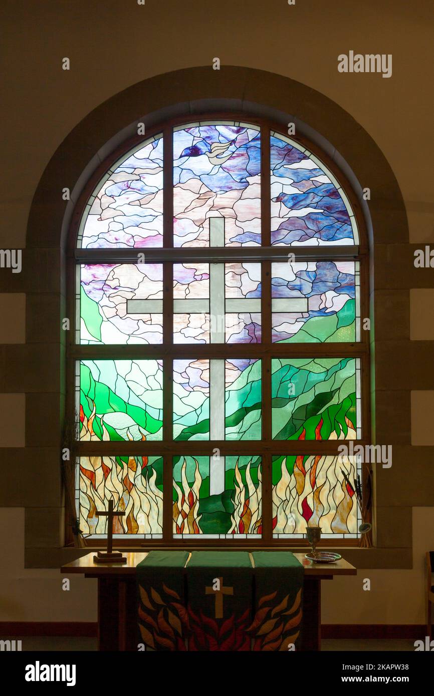 Contemporary stained glass window in St Pauls Methodist Church, Sowerby Bridge, West Yorkshire Stock Photo
