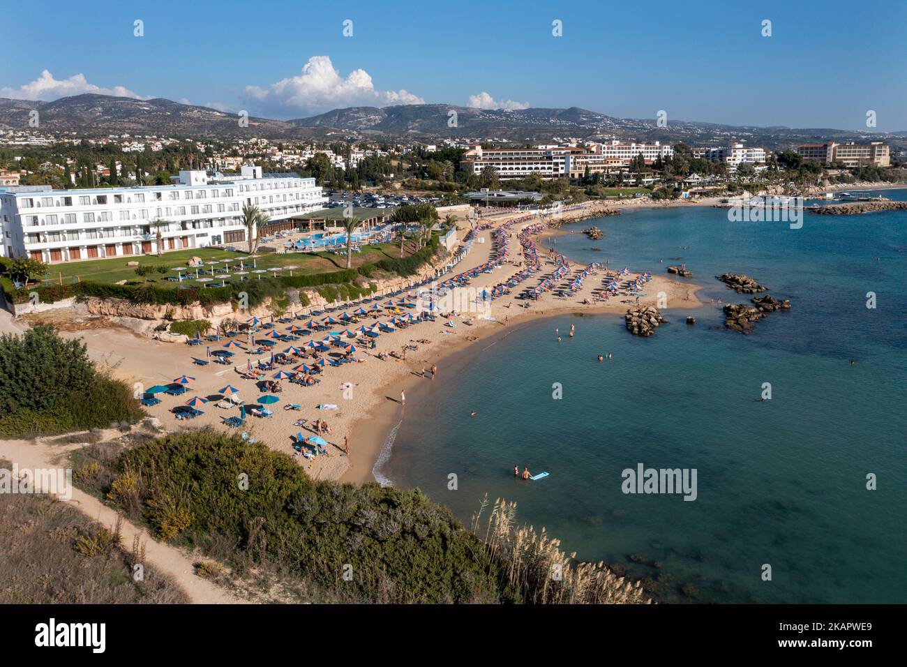 Aerial view of Coral Bay beach and the Corallia Beach Hotel, Peyia