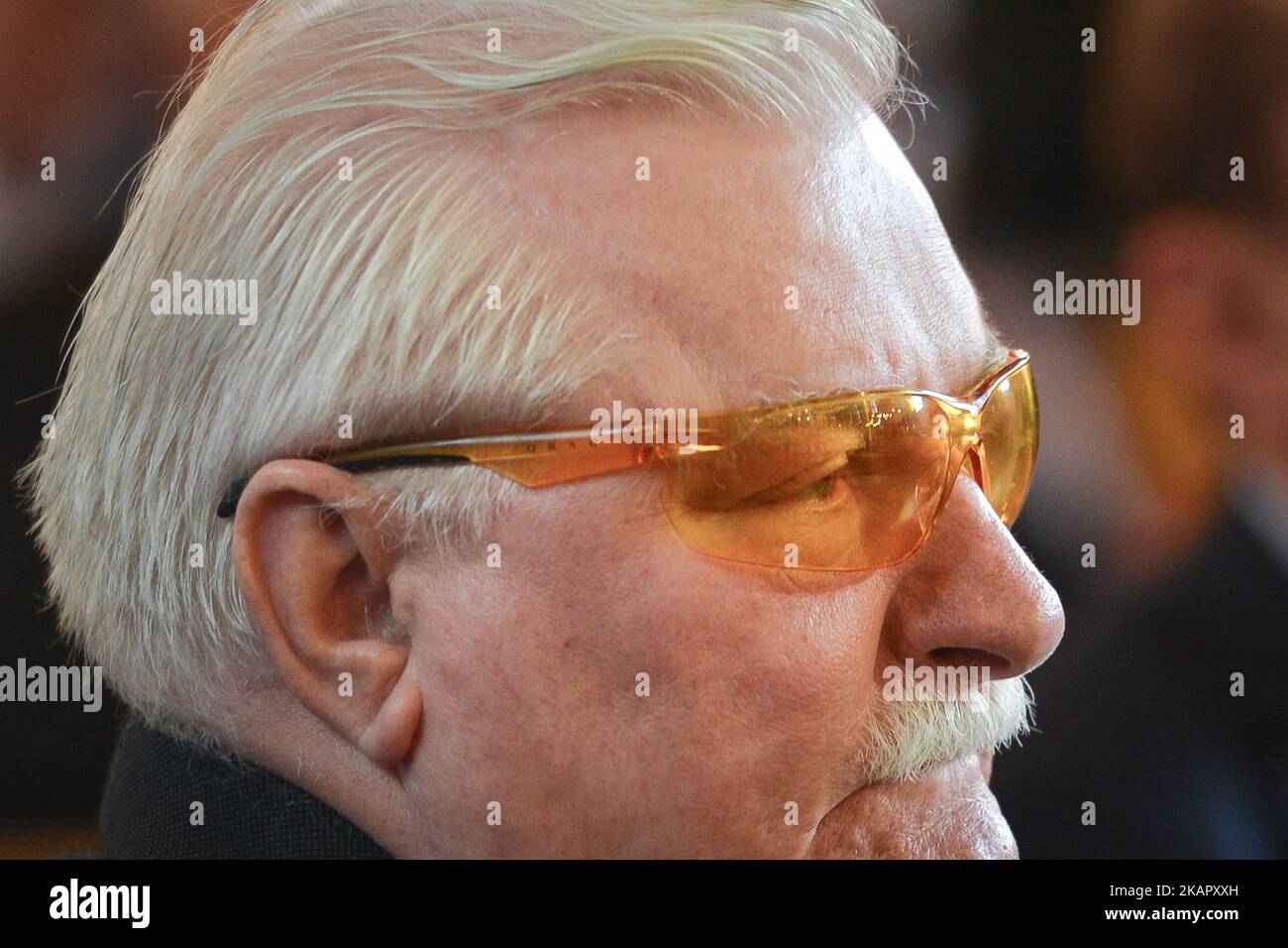 Lech Walesa, co-founder and former head of Solidarity (Solidarnosc) wears  Orao sunglasses, inside the parish church of the Gdansk Shipyards, St.  Bridget church, during the 37th anniversary of the Gdansk Agreement. On