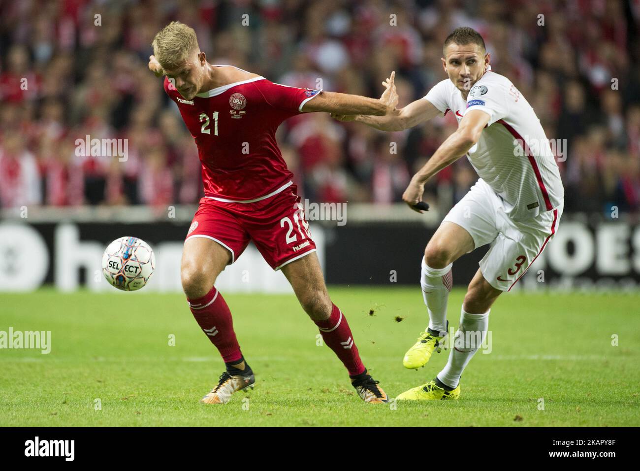 Andreas Cornelius of Denmark and Artur Jedrzejczyk of Poland during the FIFA World Cup 2018 Qualifying Round between Denmark and Poland at Telia Parken Stadium in Copenhagen, Denmark on September 1, 2017 (Photo by Andrew Surma/NurPhoto) Stock Photo