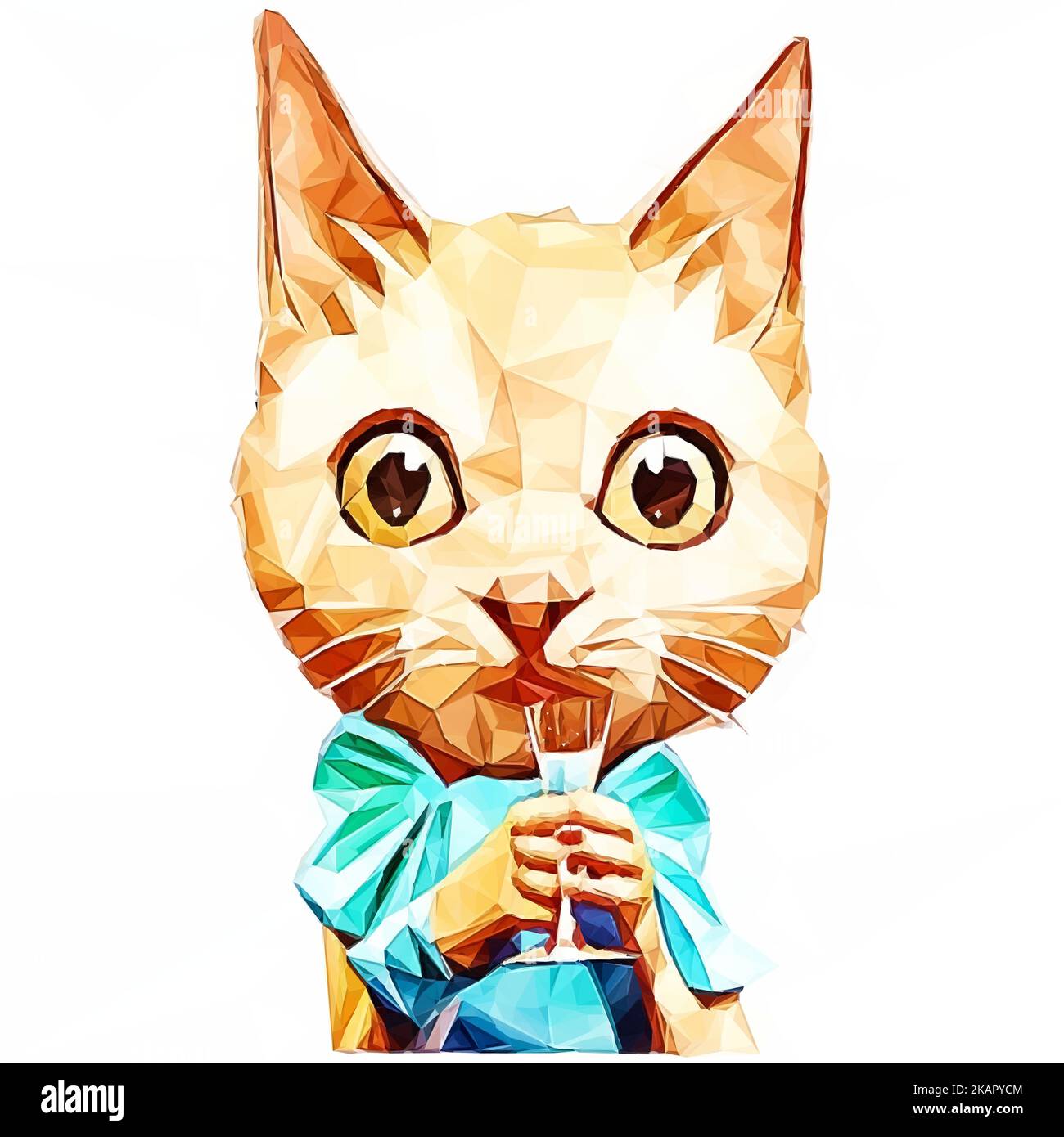 Character pet. Cartoon cat in a dress with a glass of champagne in its hand. Charakter Portrait Vector in low poly art. Stock Vector