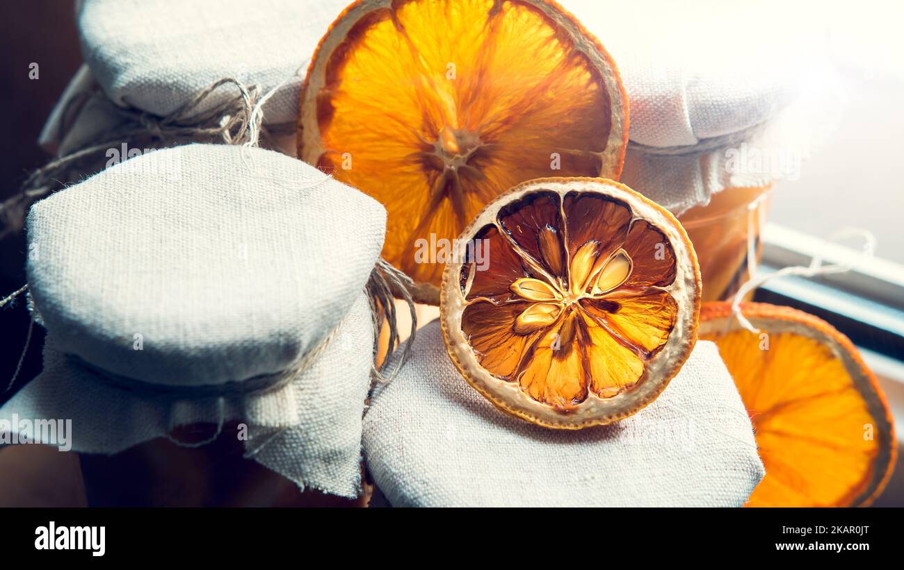 dried lemons arranged in jars with homemade preserves Stock Photo