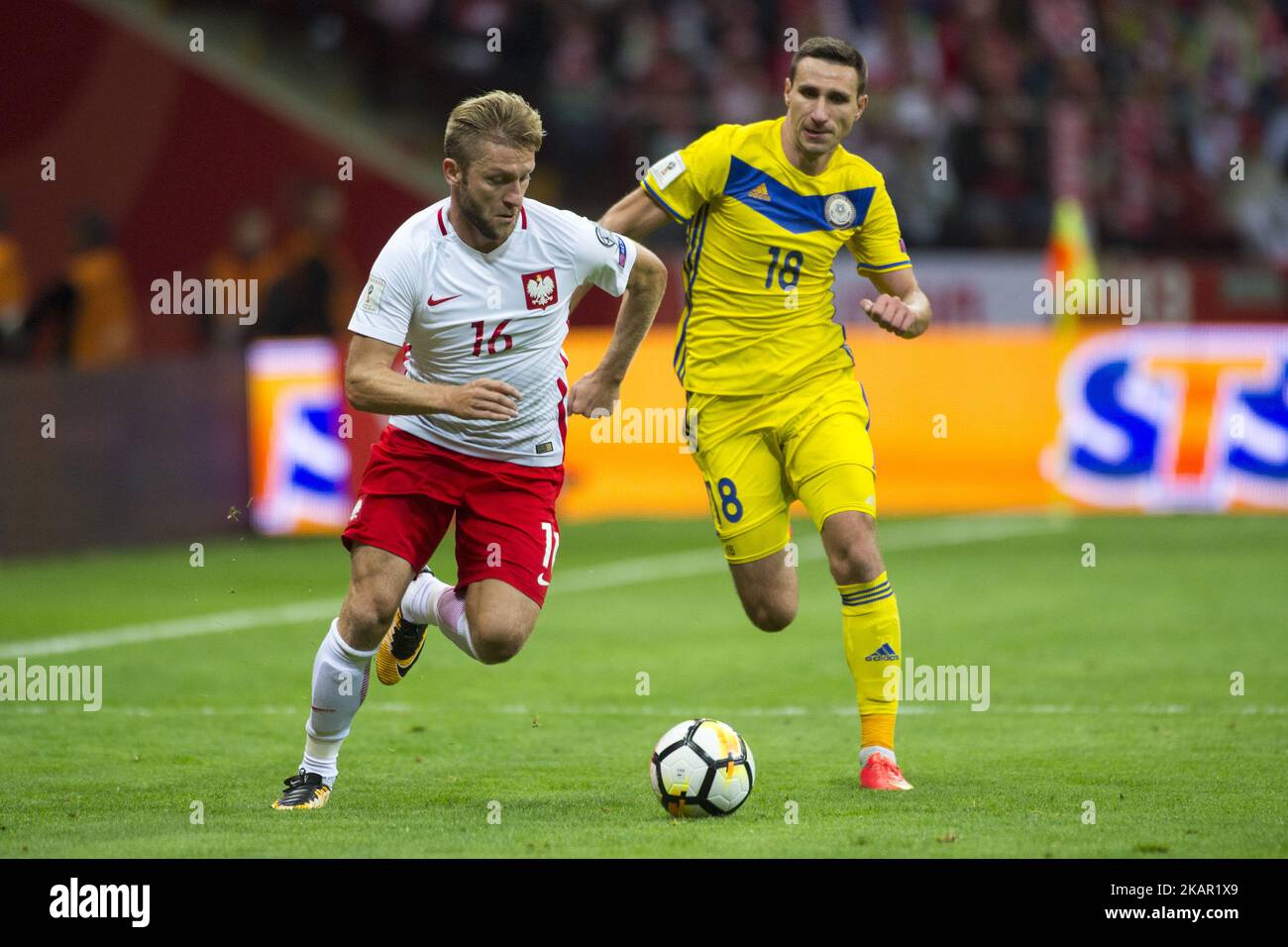 Jakub Blaszczykowski of Poland fights with Dimitri Shomko of Kazakhstan during the FIFA World Cup 2018 Qualifying Round match between Poland and Kazakhstan at National Stadium in Warsaw, Poland on September 4, 2017 (Photo by Andrew Surma/NurPhoto) Stock Photo