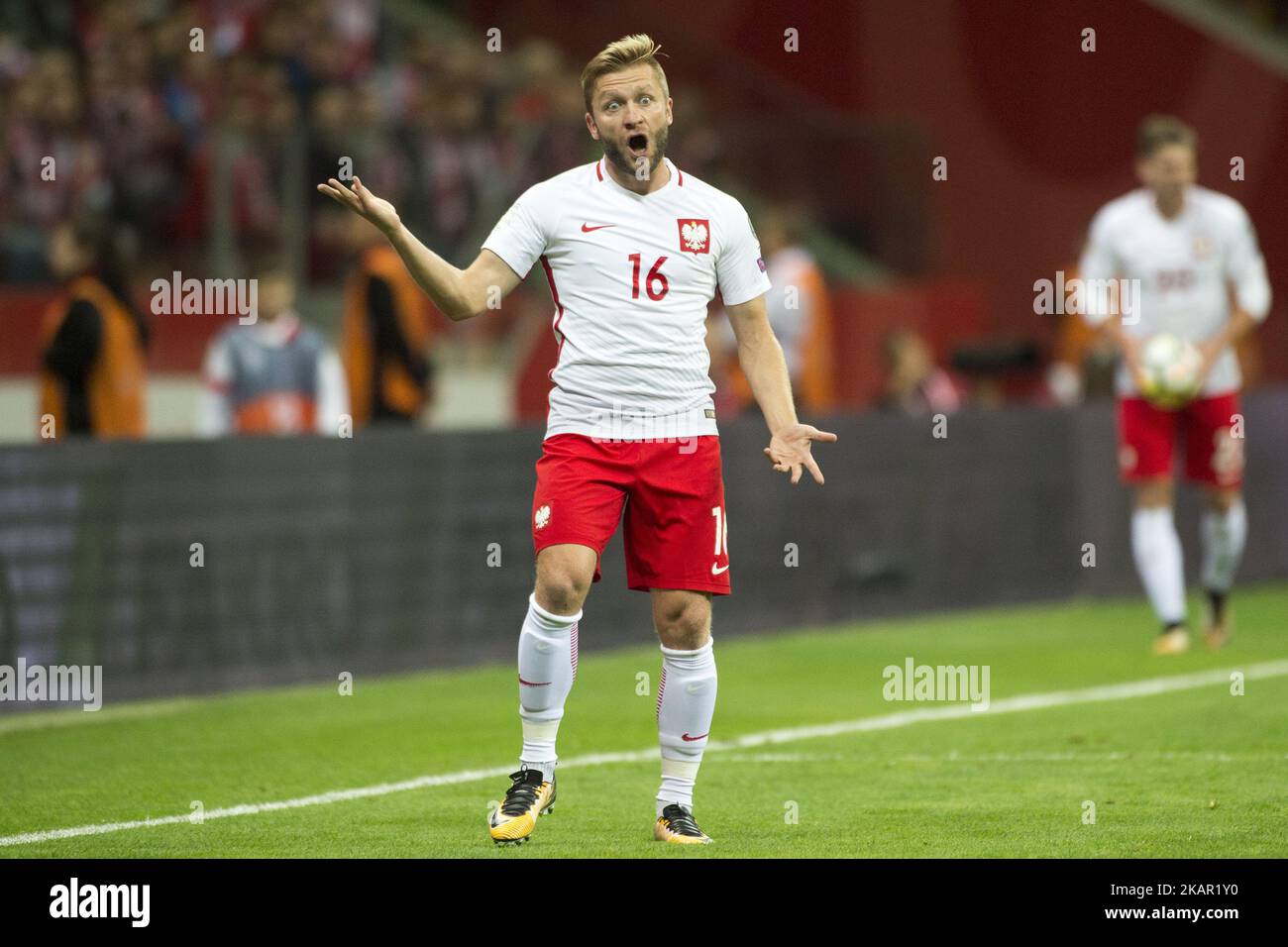 Jakub Blaszczykowski of Poland reacts on the unrecognized goal during the FIFA World Cup 2018 Qualifying Round match between Poland and Kazakhstan at National Stadium in Warsaw, Poland on September 4, 2017 (Photo by Andrew Surma/NurPhoto) Stock Photo