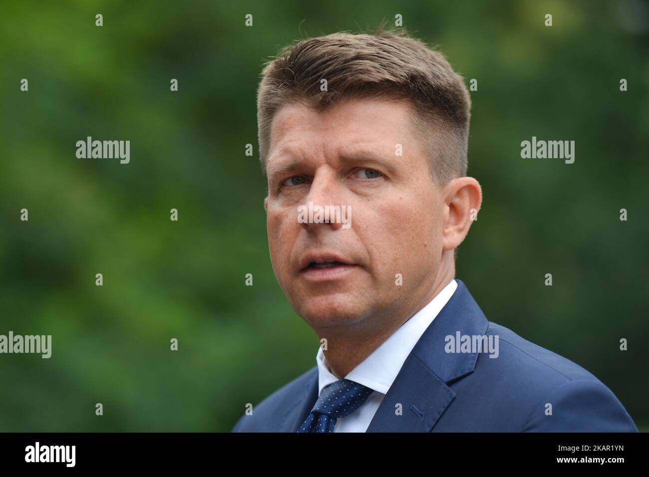 Ryszard Petru, the Leader of 'Nowoczesna' (English: Modern) Political Pary, addresses the media during the press conference about the future of Polish education from 'Nowoczesna' point of view, organised in Warsaw on the starting day of 2017/2018 school year. On Monday, September 4, 2017, in Warsaw, Poland. (Photo by Artur Widak/NurPhoto)  Stock Photo