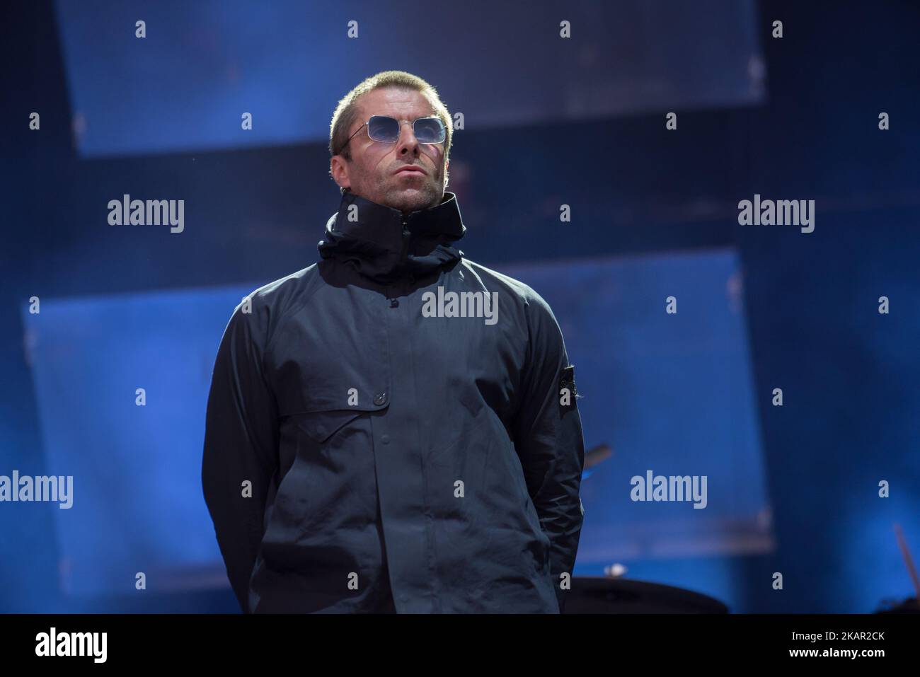 British iconic frontman Liam Gallagher performs on the third day of Reading Festival, his first solo tour, Reading on August 27th, 2017. Former Oasis and Beady Eye singer, performs live songs from his first solo release 'As You Were' with his band which includes former Babishambles, Drew McConnell (bass) and former Kasabian and Beady Eye, Jay Mehler (guitar). (Photo by Alberto Pezzali/NurPhoto) Stock Photo
