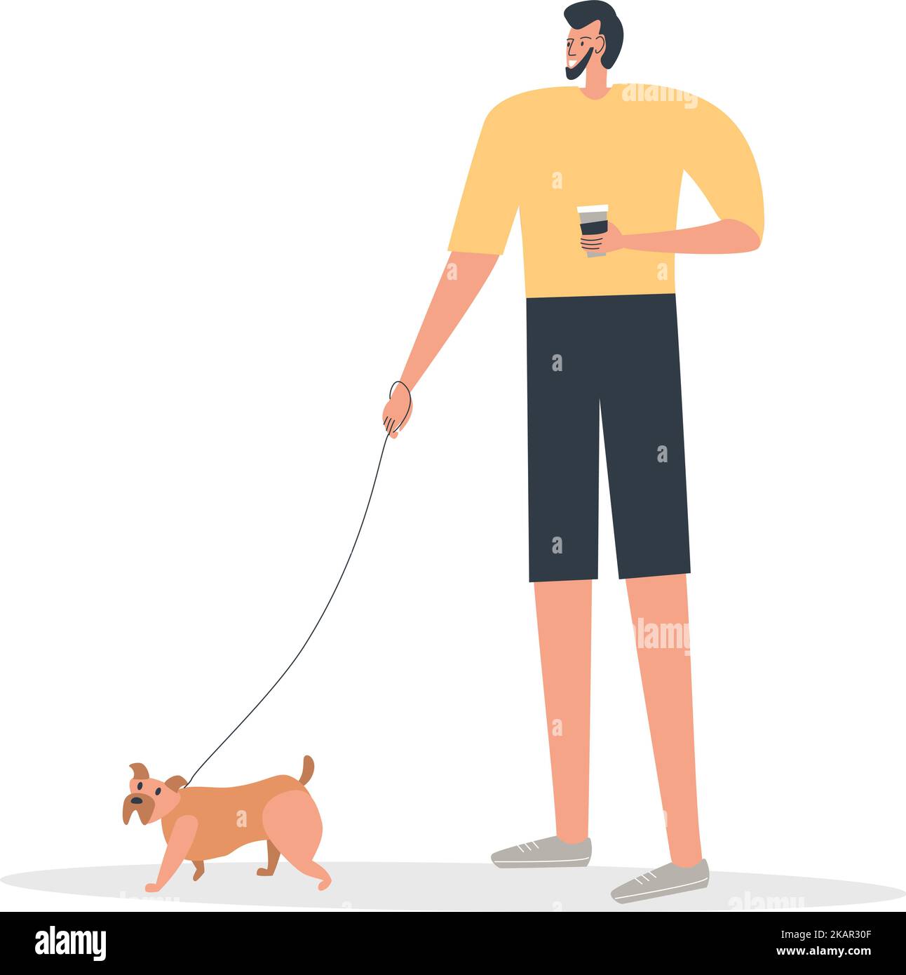 Young man walking with his cute little dog. Happy pet owner. Flat ...