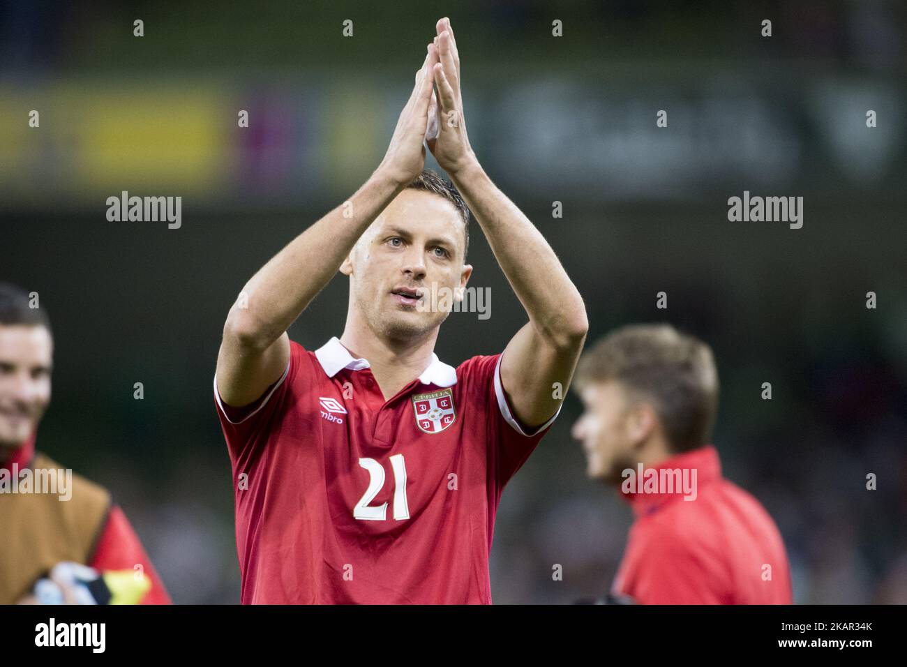 Nemanja Matic of Serbia thanks his fans during the FIFA World Cup 2018 Qualifying Round match between Republic of Ireland and Serbia at Aviva Stadium in Dublin, Ireland on September 5, 2017 (Photo by Andrew Surma/NurPhoto) Stock Photo