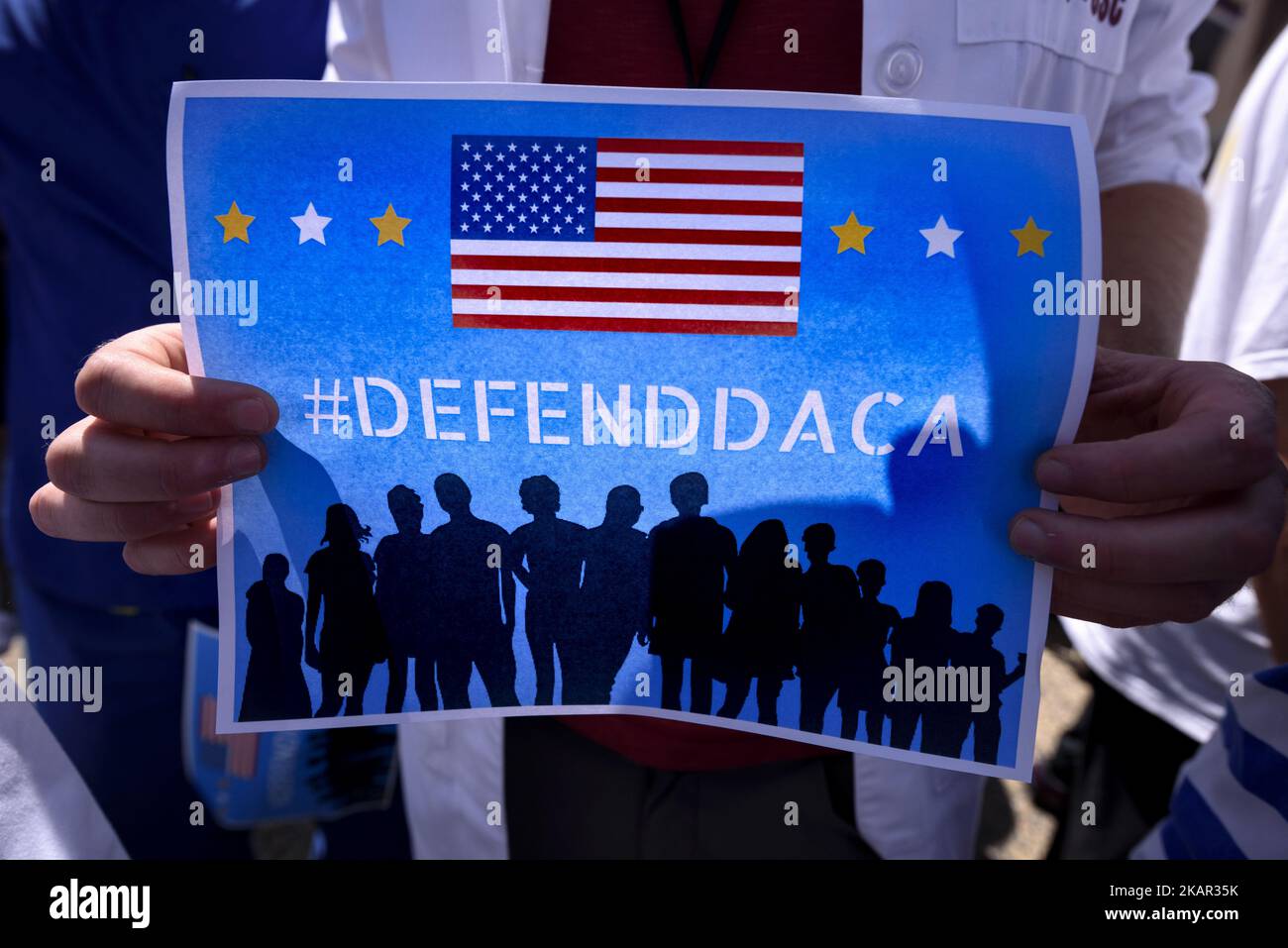 Immigration rights activists protest the Trump administration’s termination of the DACA programin Los Angeles, California on September 5, 2017. The Deferred Action for Childhood Arrivals program protected 800,000 young undocumented immigrants from deportation. (Photo by Ronen Tivony/NurPhoto) Stock Photo