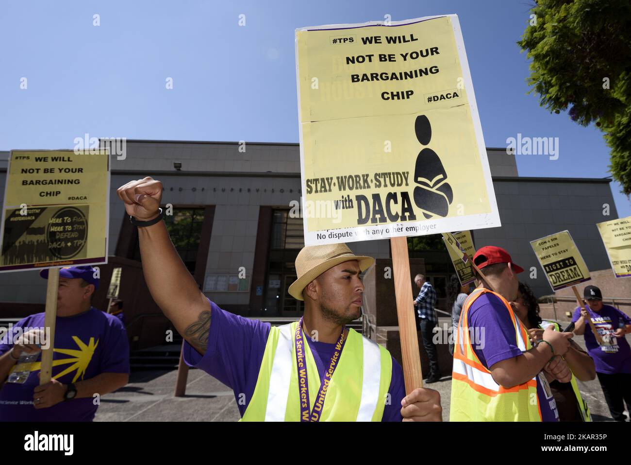Immigration rights activists protest the Trump administration’s termination of the DACA program in Los Angeles, California on September 5, 2017. The Deferred Action for Childhood Arrivals program protected 800,000 young undocumented immigrants from deportation. (Photo by Ronen Tivony/NurPhoto) Stock Photo