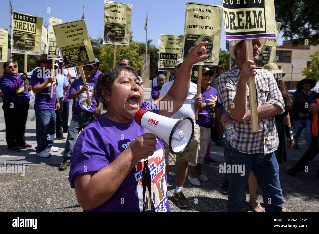 Immigration rights activists protest the Trump administration's termination of the DACA program in Los Angeles, California on September 5, 2017. The Deferred Action for Childhood Arrivals program protected 800,000 young undocumented immigrants from deportation. (Photo by Ronen Tivony/NurPhoto) Stock Photo