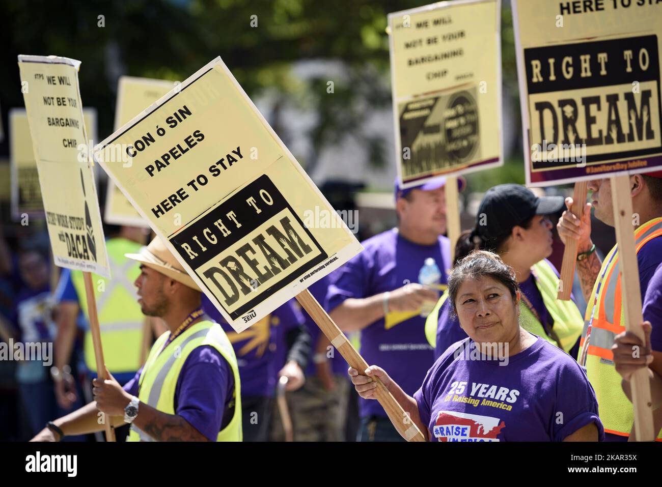 Immigration rights activists protest the Trump administration's termination of the DACA program in Los Angeles, California on September 5, 2017. The Deferred Action for Childhood Arrivals program protected 800,000 young undocumented immigrants from deportation. (Photo by Ronen Tivony/NurPhoto) Stock Photo