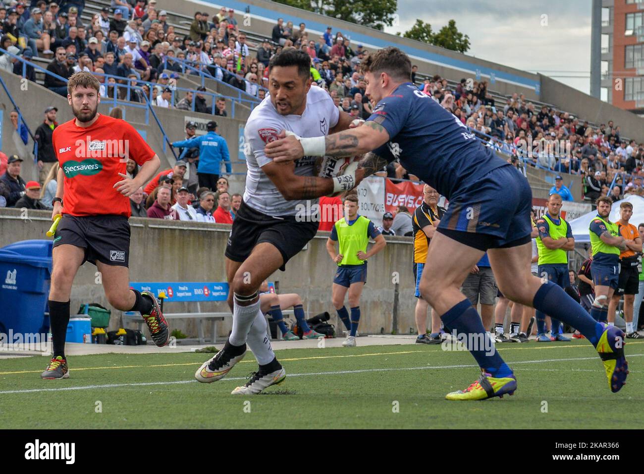 Quentin Laulu-Togaga'e (L) of Toronto Wolfpack in action during Super 8s Round 4 game between Toronto Wolfpack (Canada) vs Whitehaven RLFC (United Kingdom) at Allan A. Lamport Stadium in Toronto, Canada, on 2 September 2017. (Photo by Anatoliy Cherkasov/NurPhoto) Stock Photo