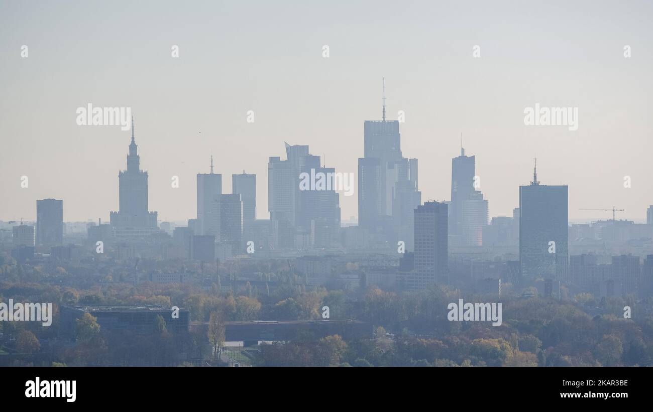 Aerial landscape of distant Warsaw city center, Poland Stock Photo
