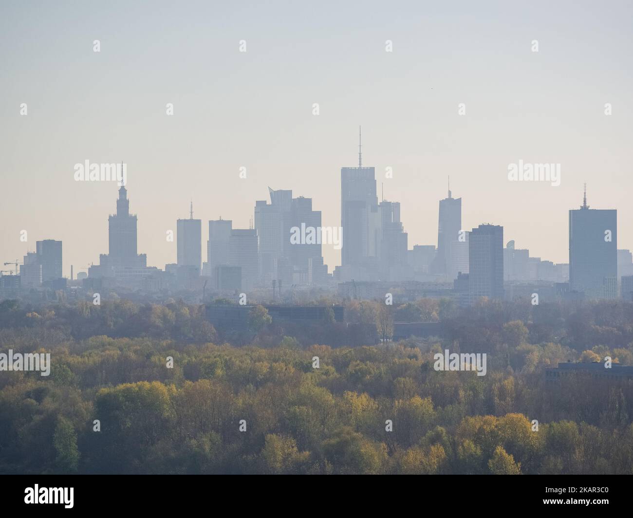 Aerial landscape of distant Warsaw city center, Poland Stock Photo
