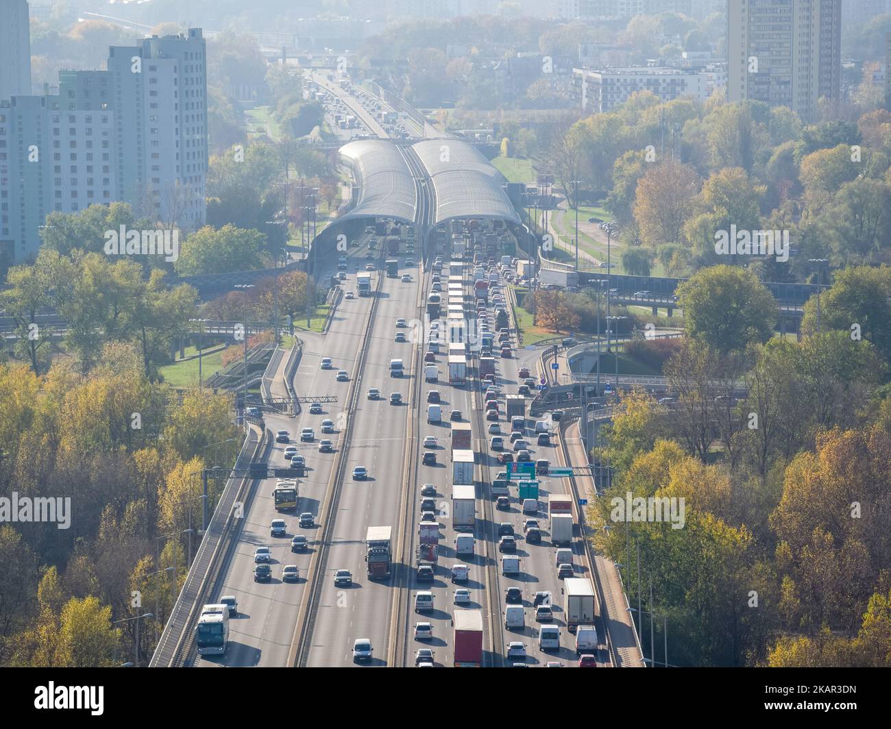 Traffic jam on city ring road, aerial landscape Stock Photo
