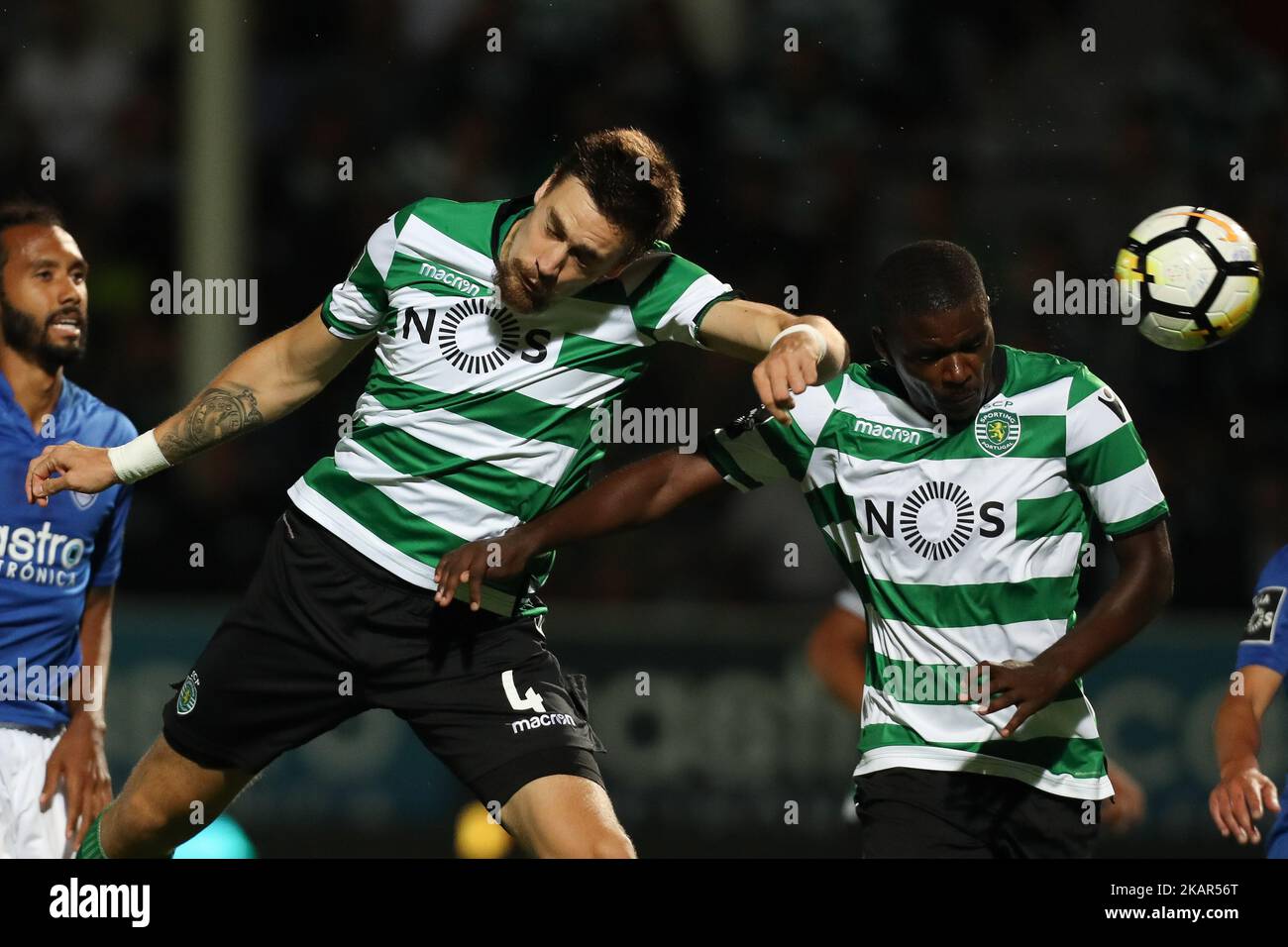 Sporting's Uruguayan defender Sebastian Coates (L) and Sporting's  Portuguese midfielder William Carvalho (R) in action during the Premier  League 2017/18 match between CD Feirense and Sporting CP, at Marcolino de  Castro Stadium