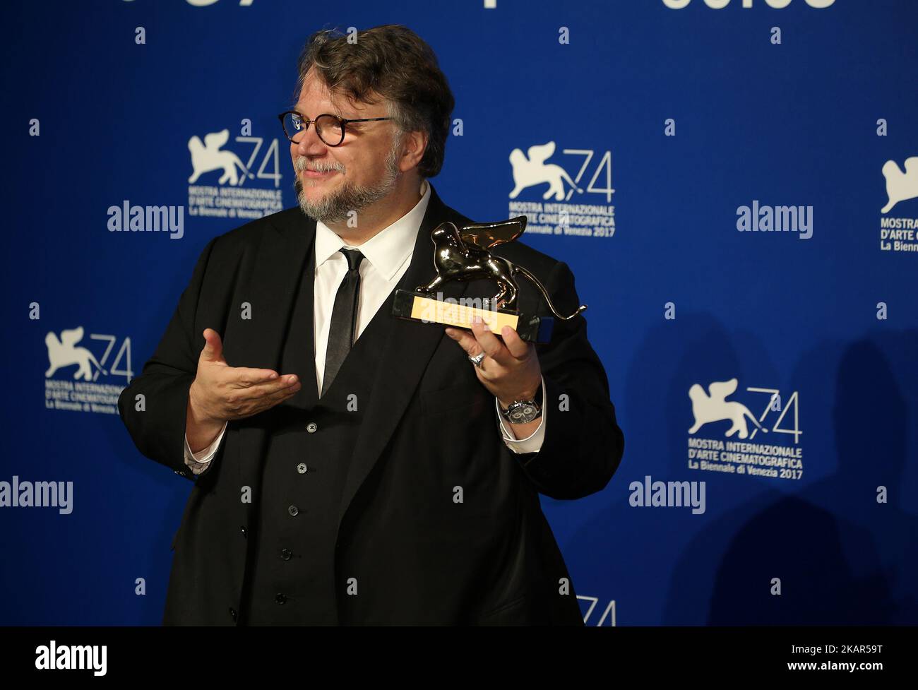 Guillermo del Toro poses with the Golden Lion for Best Film Award for 'The Shape Of Water' at the Award Winners photocall during the 74th Venice Film Festival in Venice, Italy on 9 September, 2017. (Photo by Matteo Chinellato/NurPhoto) Stock Photo