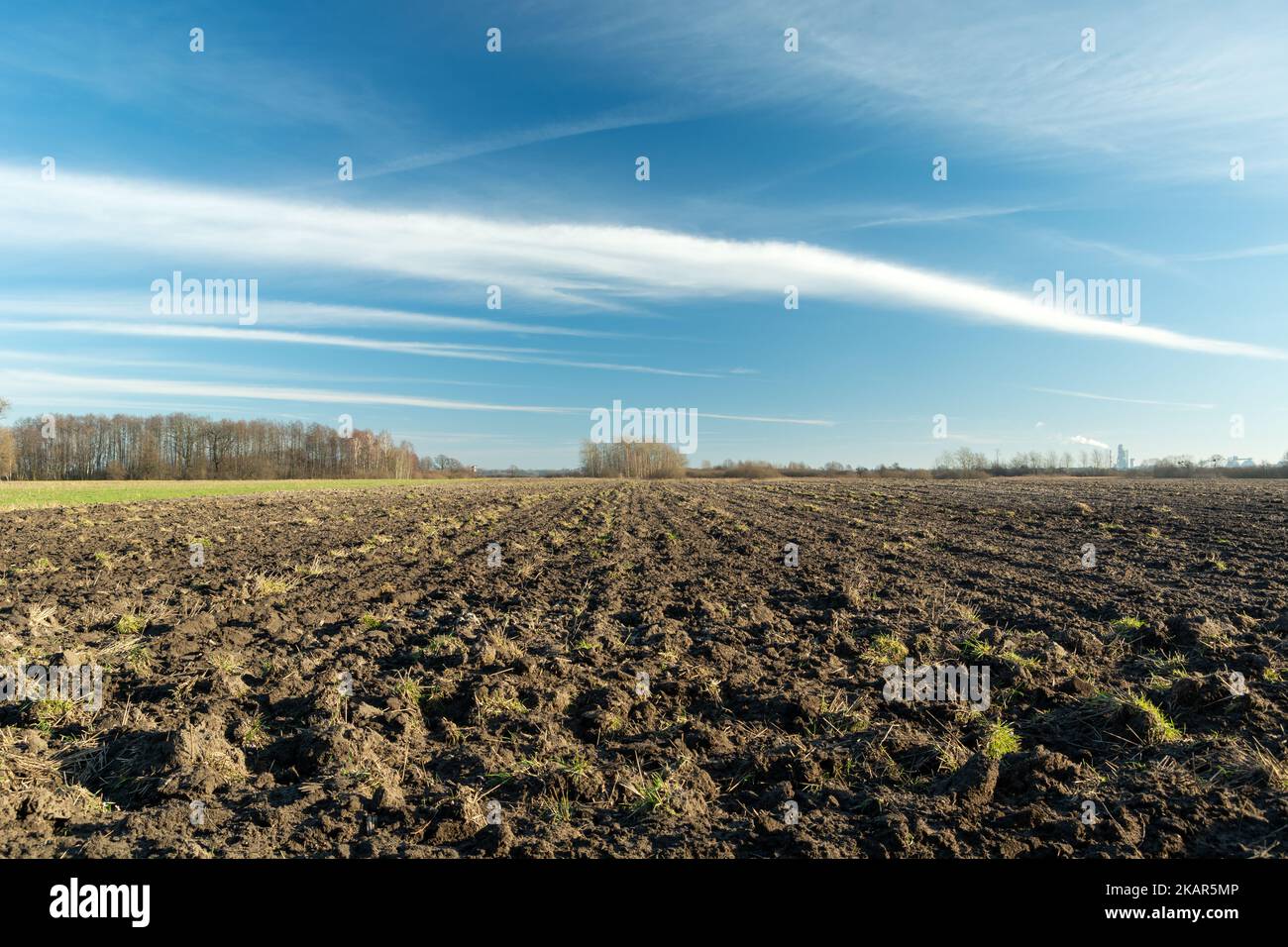Plowed field and white clouds on a sky in eastern Poland Stock Photo