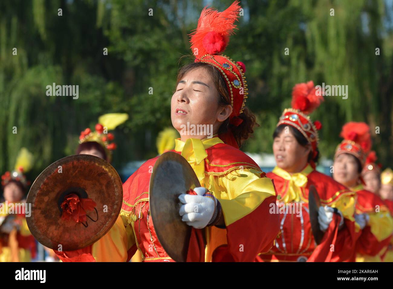 Demonstration of local dances from Jinzhong region ahead of the second stage Jinzhong A to B race of the 2017 Tour of China 1, the 197km from Dazhai to Yunzhu. On Tuesday, 12 September 2017, Dashai, Jinzhong, Shanxi Province, China. Photo by Artur Widak  Stock Photo