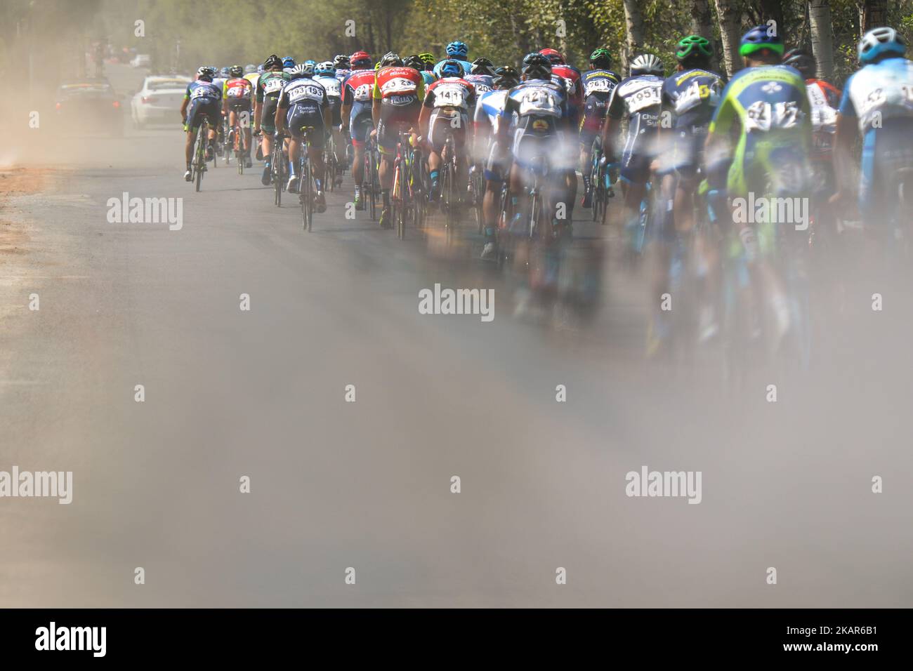 The peloton of riders during the second stage Jinzhong A to B race of the 2017 Tour of China 1, the 197km from Dazhai to Yunzhu. On Tuesday, 12 September 2017, in Yunzhu, Xiyang County, Shanxi Province, China. Photo by Artur Widak  Stock Photo
