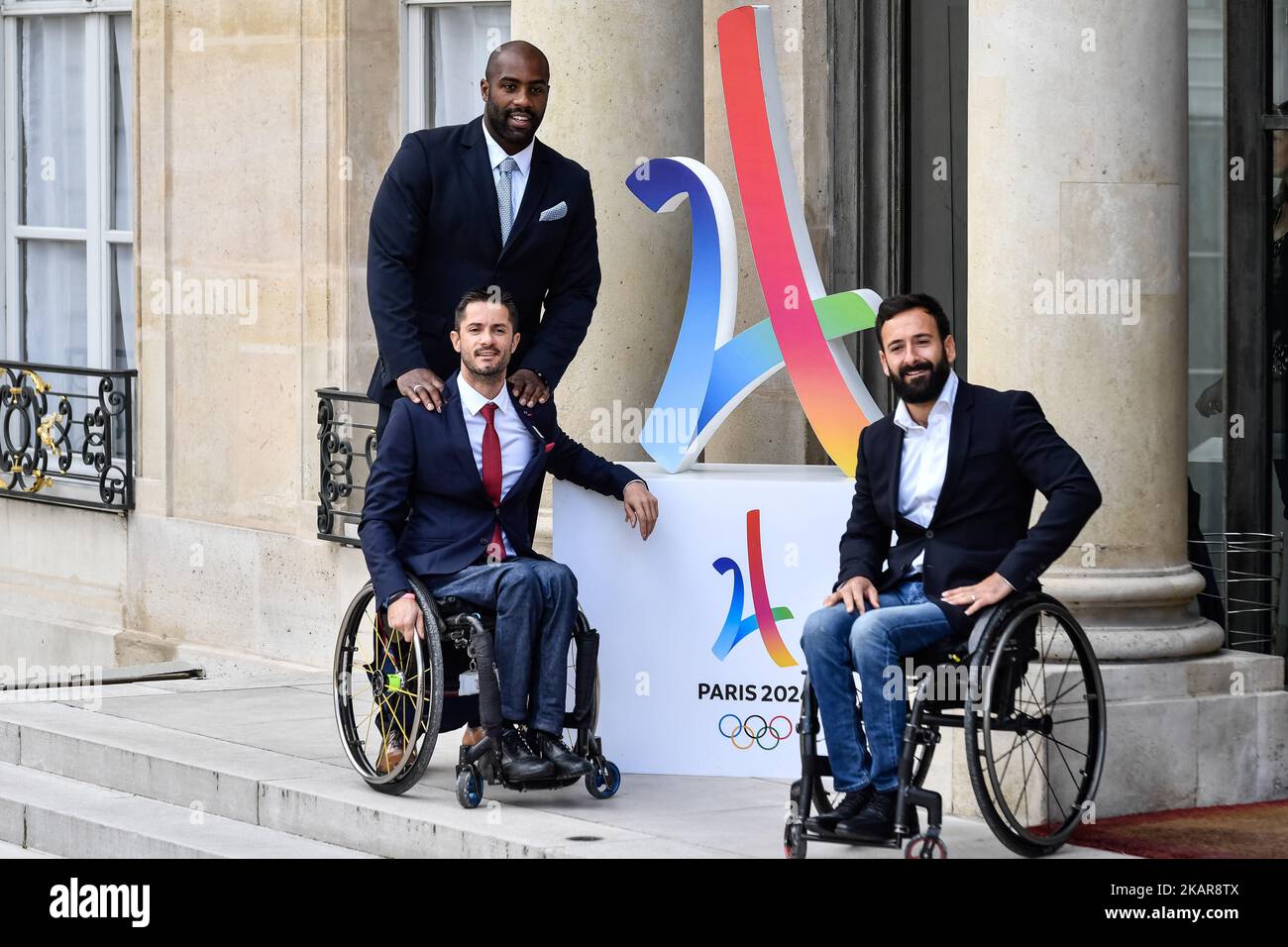 Teddy Riner leaves the Elysee Palace in Paris after a ceremony to