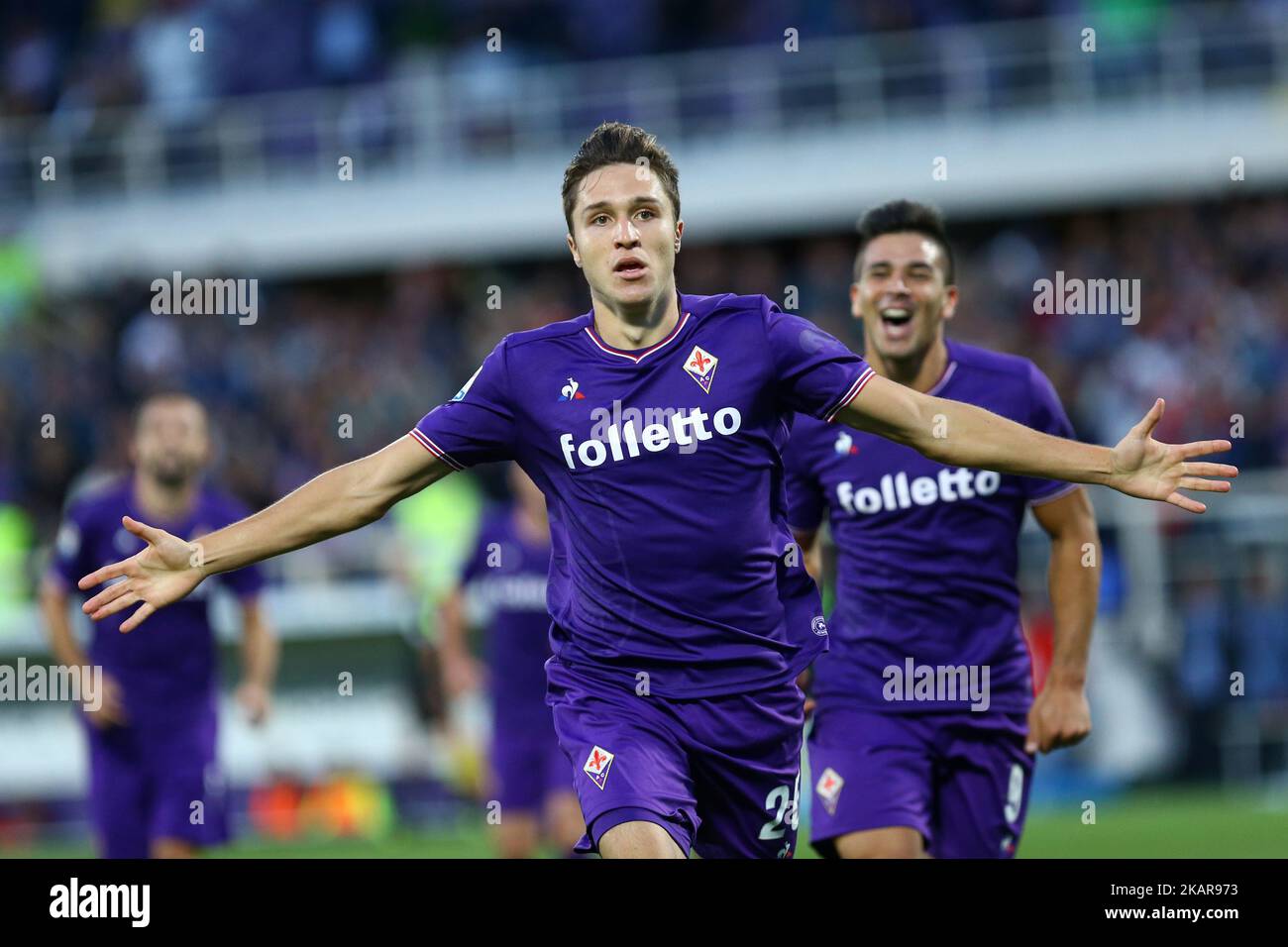 Serie A Fiorentina v Bologna Federico Chiesa of Fiorentina celebration after the goal of 1-0 scored at Artemio Franchi Stadium in Florence, Italy on September 16, 2017. (Photo by Matteo Ciambelli/NurPhoto)  Stock Photo