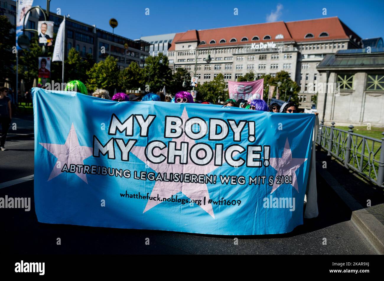 Approximately 2,000 people participate in the counter-demonstration with the Motto 'My Body My Choice' in Berlin, Germany, on 16 September 2017. Under the motto 'Protect the most vulnerable, yes to every child', anti-abortionist and so-called 'lifeguards' move through Berlin. Critics accuse participants of religious fundamentalism. (Photo by Markus Heine/NurPhoto) Stock Photo