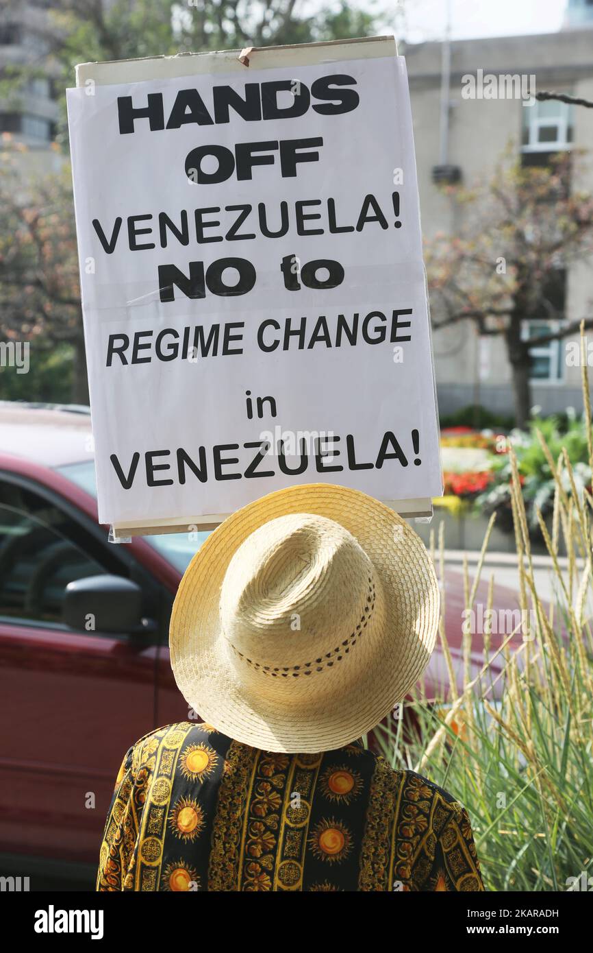 Canadians rally to demand an end to American attempts at a 'regime change' in Venezuela and to denounce Canada's complicity to overthrow the government of Venezuela in Toronto, Canada on September 16, 2017. (Photo by Creative Touch Imaging Ltd./NurPhoto) Stock Photo