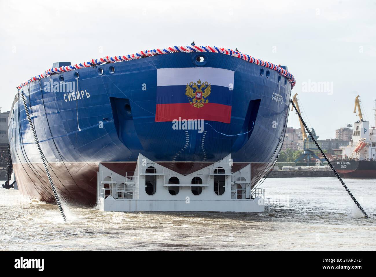 View of the nuclear-powered icebreaker 'Sibir' (Siberia) during ceremony to float out at the Baltic Shipyard in St. Petersburg, Russia, on 22 September 2017. (Photo by Igor Russak/NurPhoto) Stock Photo