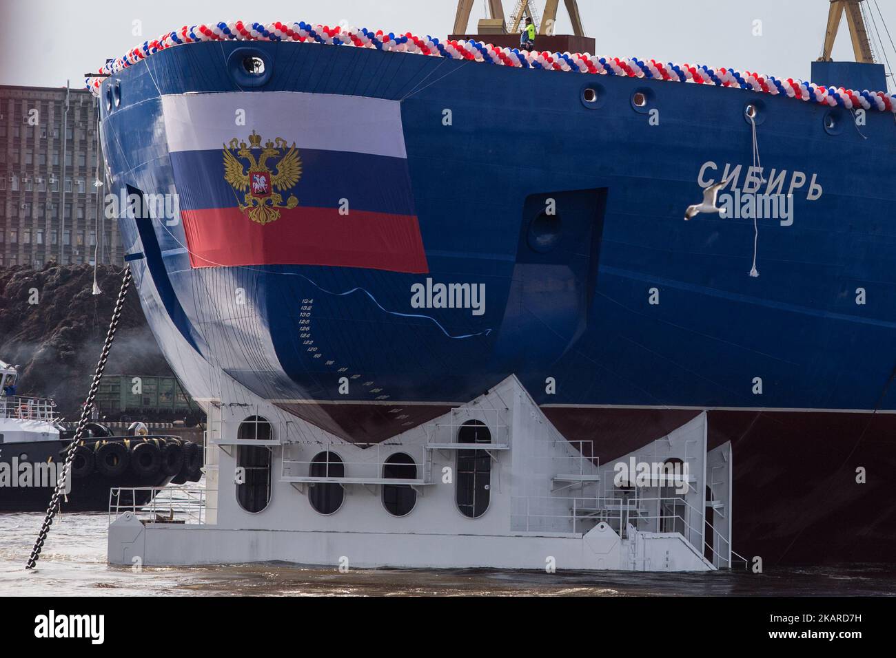 View of the nuclear-powered icebreaker 'Sibir' (Siberia) during ceremony to float out at the Baltic Shipyard in St. Petersburg, Russia, on 22 September 2017. (Photo by Igor Russak/NurPhoto) Stock Photo