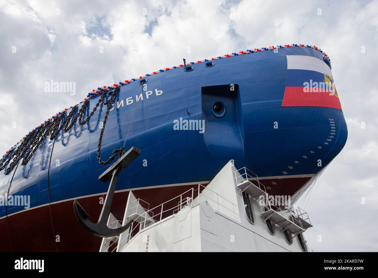 View of the nuclear-powered icebreaker 'Sibir' (Siberia) during ceremony to float out at the Baltic Shipyard in St. Petersburg, Russia, on 22 September 2017. (Photo by Igor Russak/NurPhoto) Stock Photo